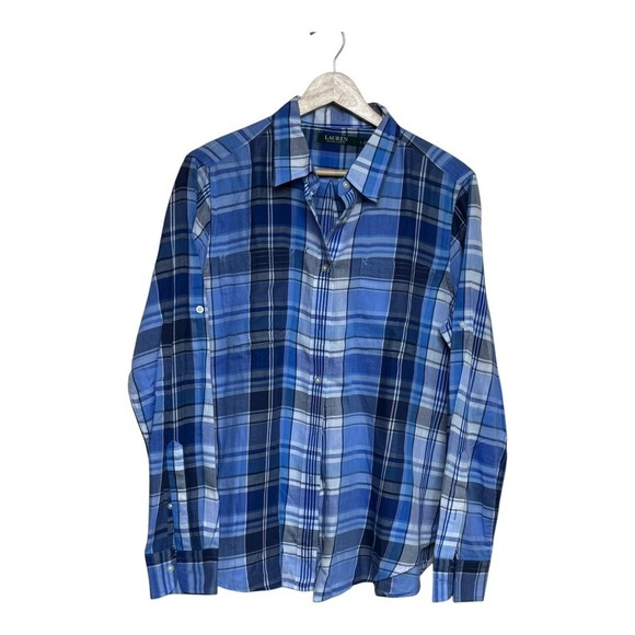 Lauren Ralph Lauren Tops - Lauren Ralph Lauren Women's Blue Plaid Button Down Shirt Roll Tab Sleeve Size L